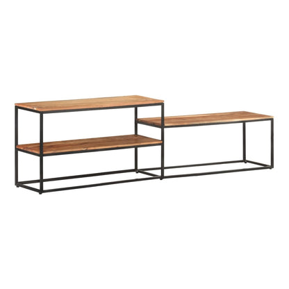 The TV cabinet is shown from a low angle, highlighting its two levels and wooden surfaces