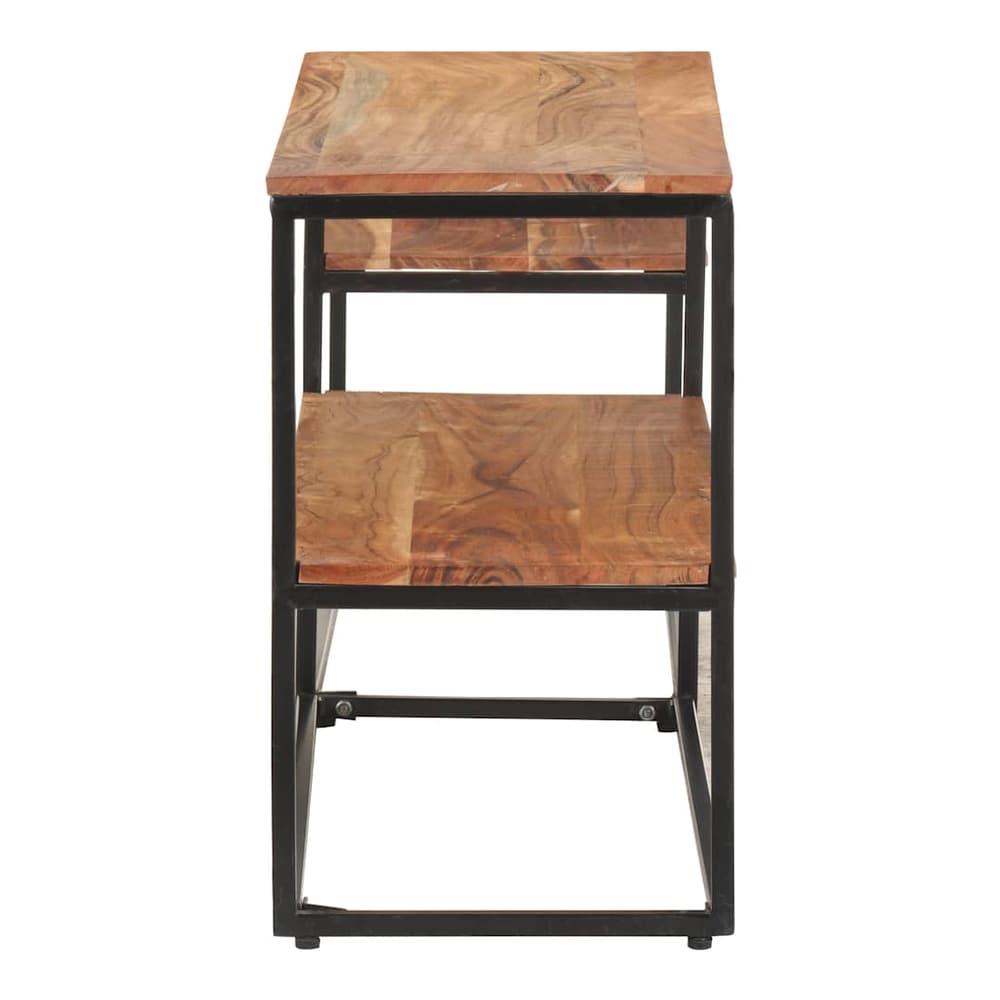 Side view of the acacia wood TV stand with a metal frame