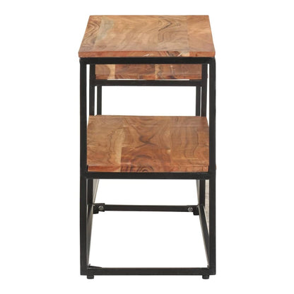 Side view of the acacia wood TV stand with a metal frame
