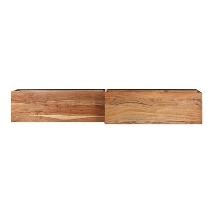 Close-up of the natural wood grain on the two sections of the TV cabinet