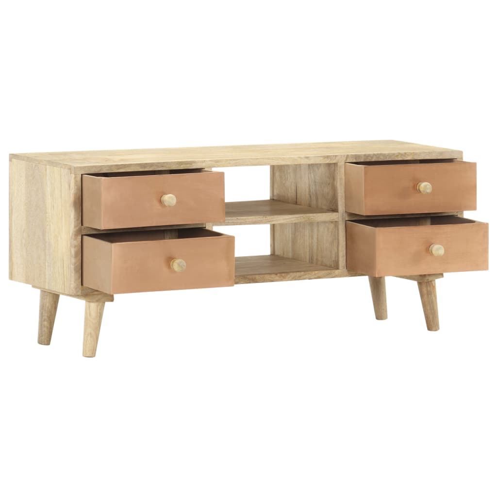 TV Cabinet Solid Mango Wood, the TV stand with all four drawers pulled out to reveal the storage space inside