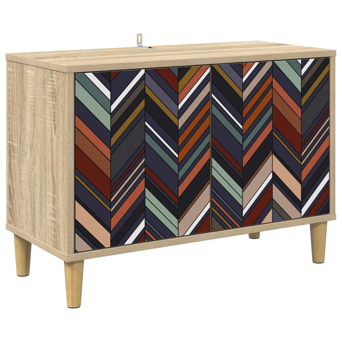 The TV cabinet with a patterned front standing on four light wooden legs