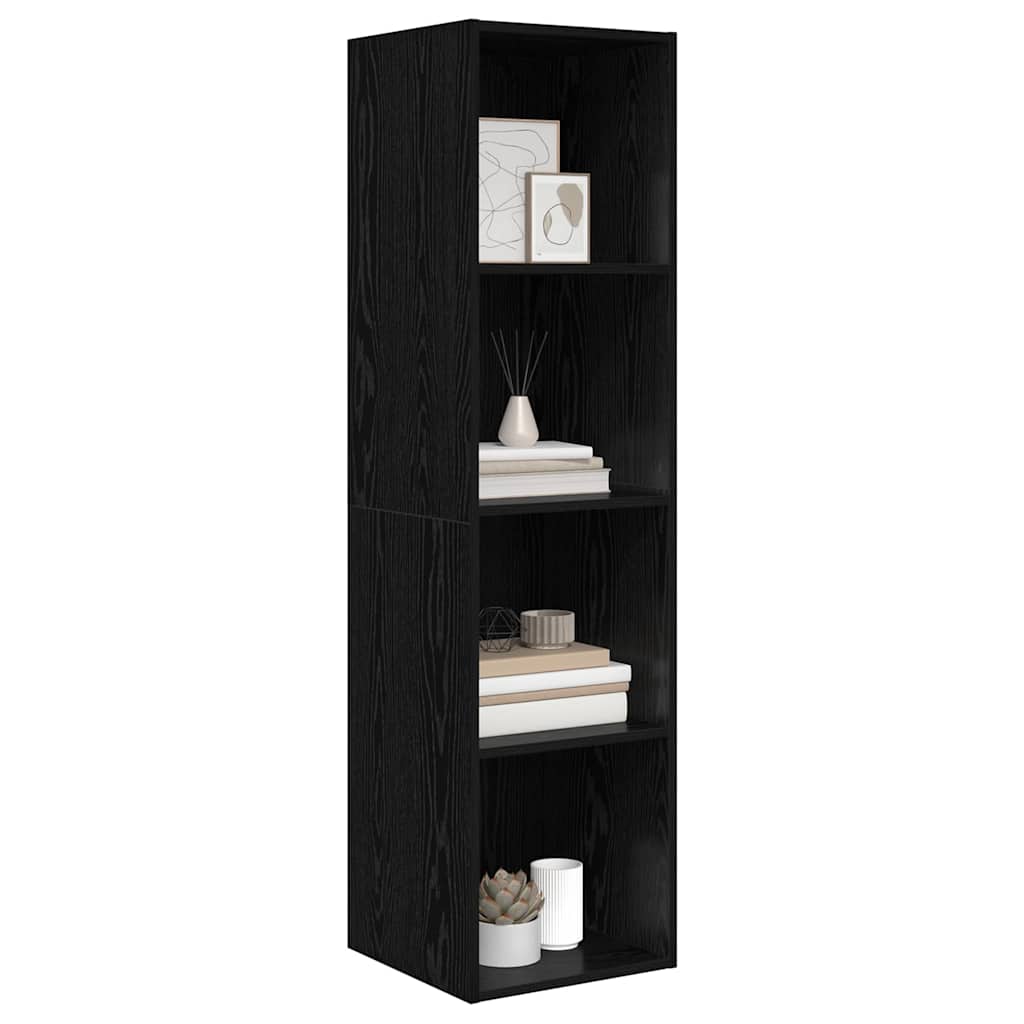 A black oak engineered wood cabinet with four shelves, styled with books and decor