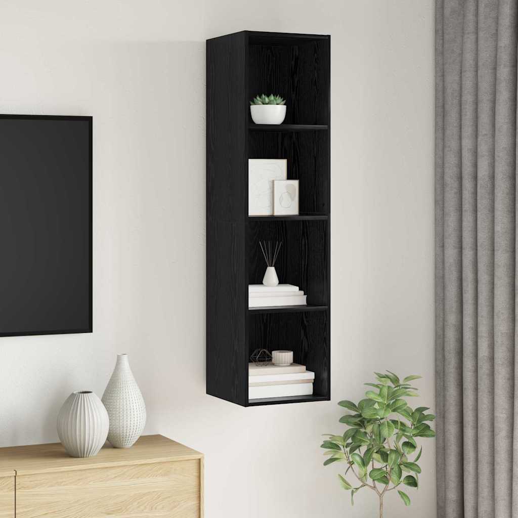 vidaXL TV Cabinet Set Black Oak Engineered Wood mounted on a wall next to a TV