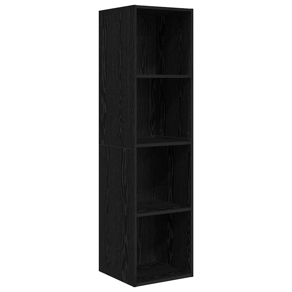A tall, narrow black oak engineered wood cabinet with four open shelves