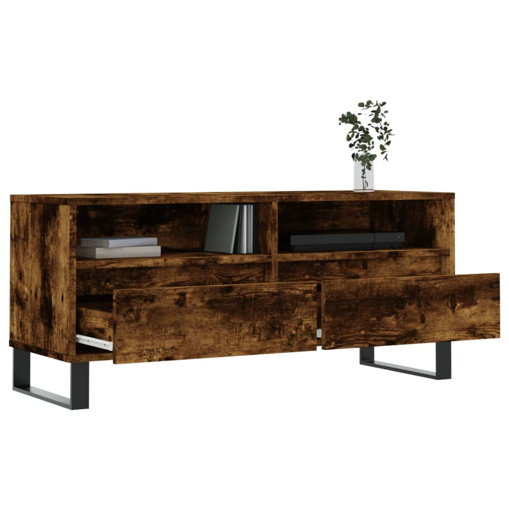 The TV cabinet has both drawers pulled out to show the internal storage space and metal runners