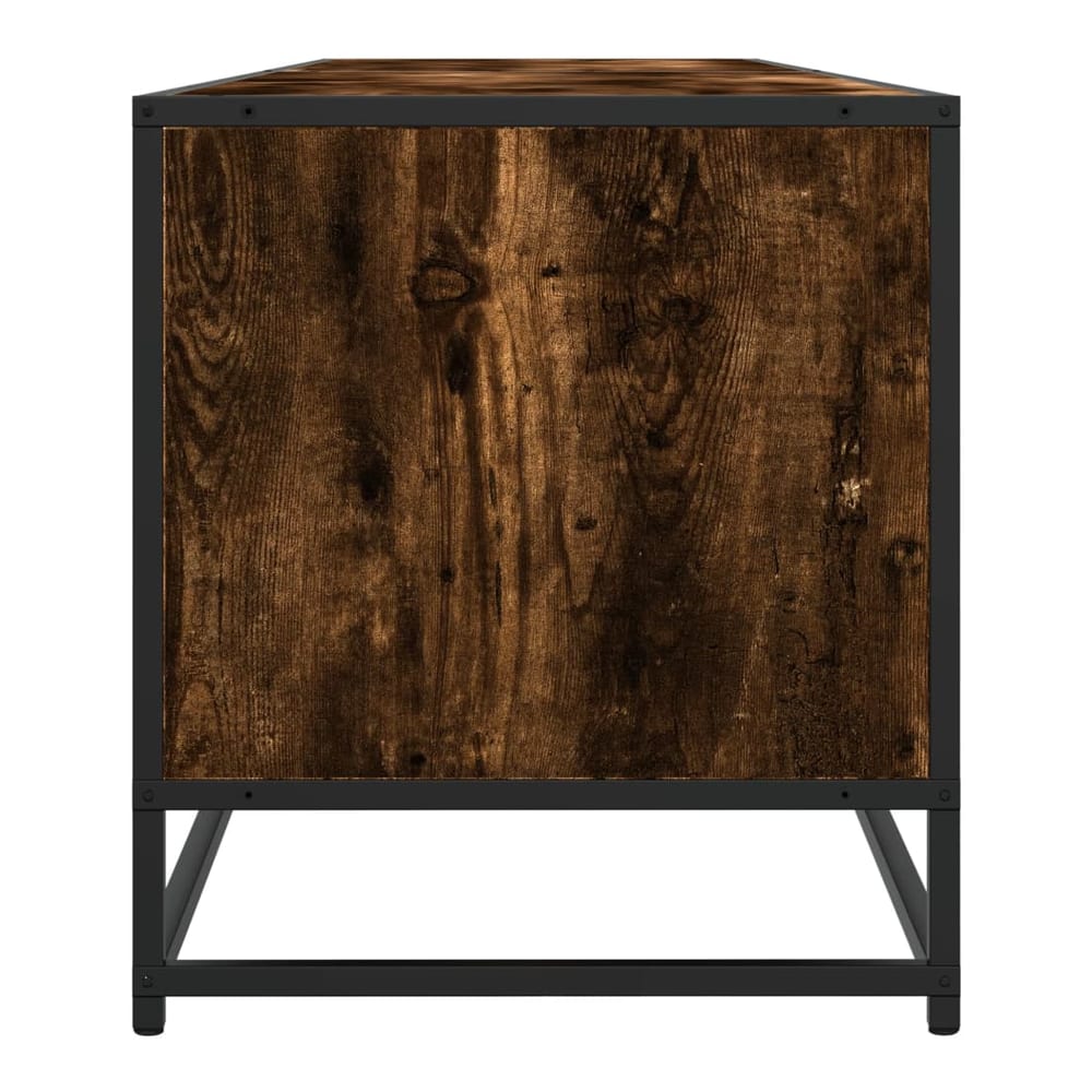 Close up of the back panel of the TV cabinet showing wood grain effect