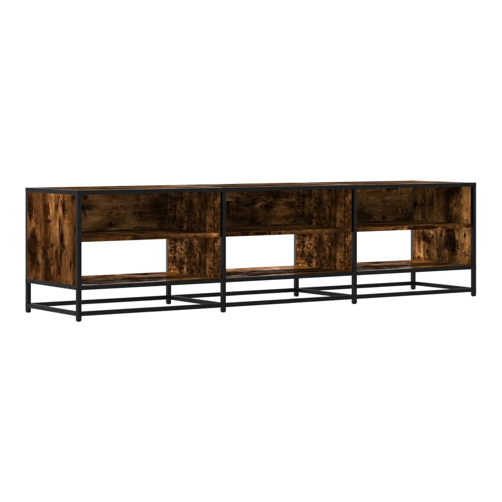 The TV stand with open shelving and a dark wood effect finish