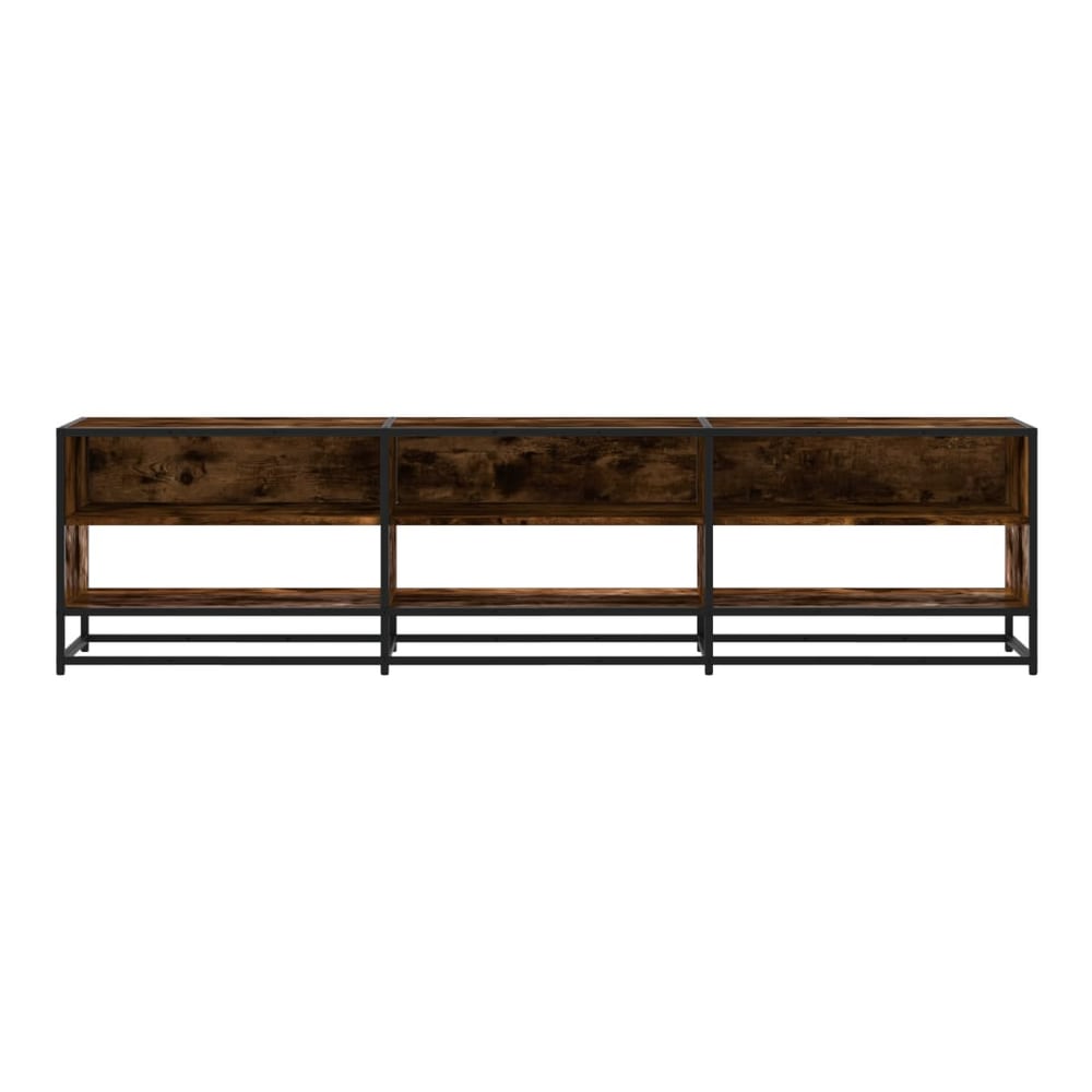 A long TV cabinet with a dark wood effect and black metal frame