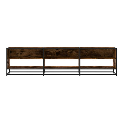 A long TV cabinet with a dark wood effect and black metal frame