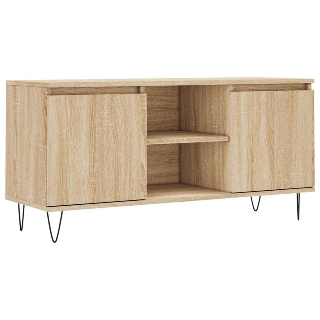 The TV cabinet with two closed doors and a central open shelf, set on hairpin legs