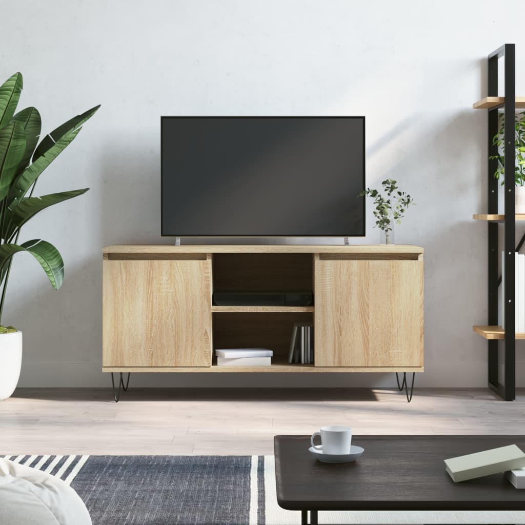 vidaXL TV Cabinet Sonoma Oak Engineered Wood in a living room setting with a TV on top