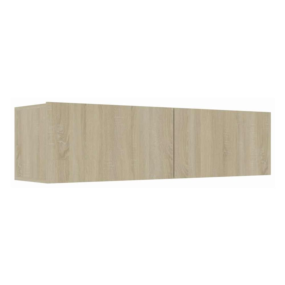 This wall mounted TV cabinet has two doors and a light oak finish
