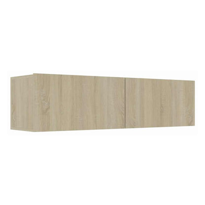 This wall mounted TV cabinet has two doors and a light oak finish