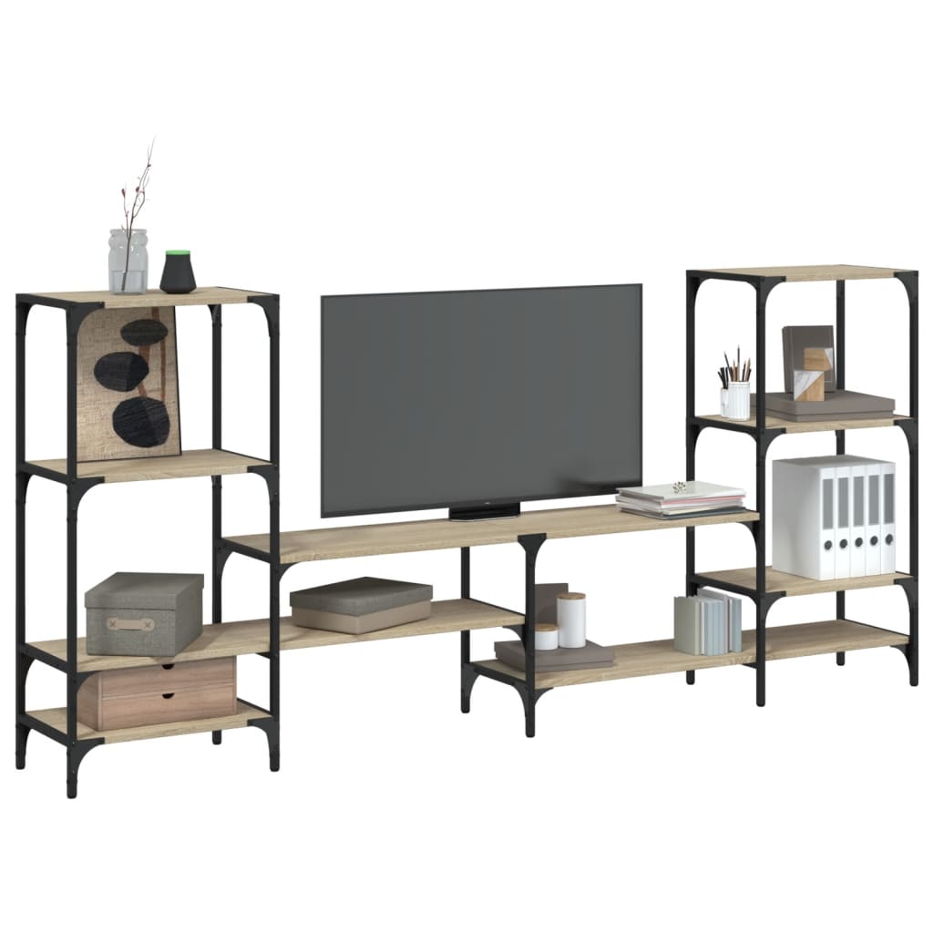 vidaXL TV Cabinet Sonoma Oak Engineered Wood with shelves and black metal frame