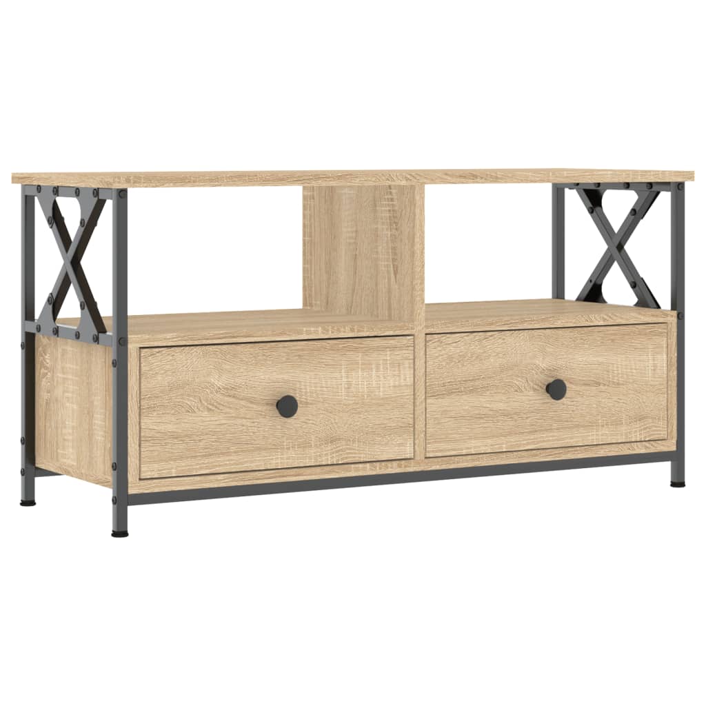 The TV stand with two drawers and an open shelf above, made of wood and metal