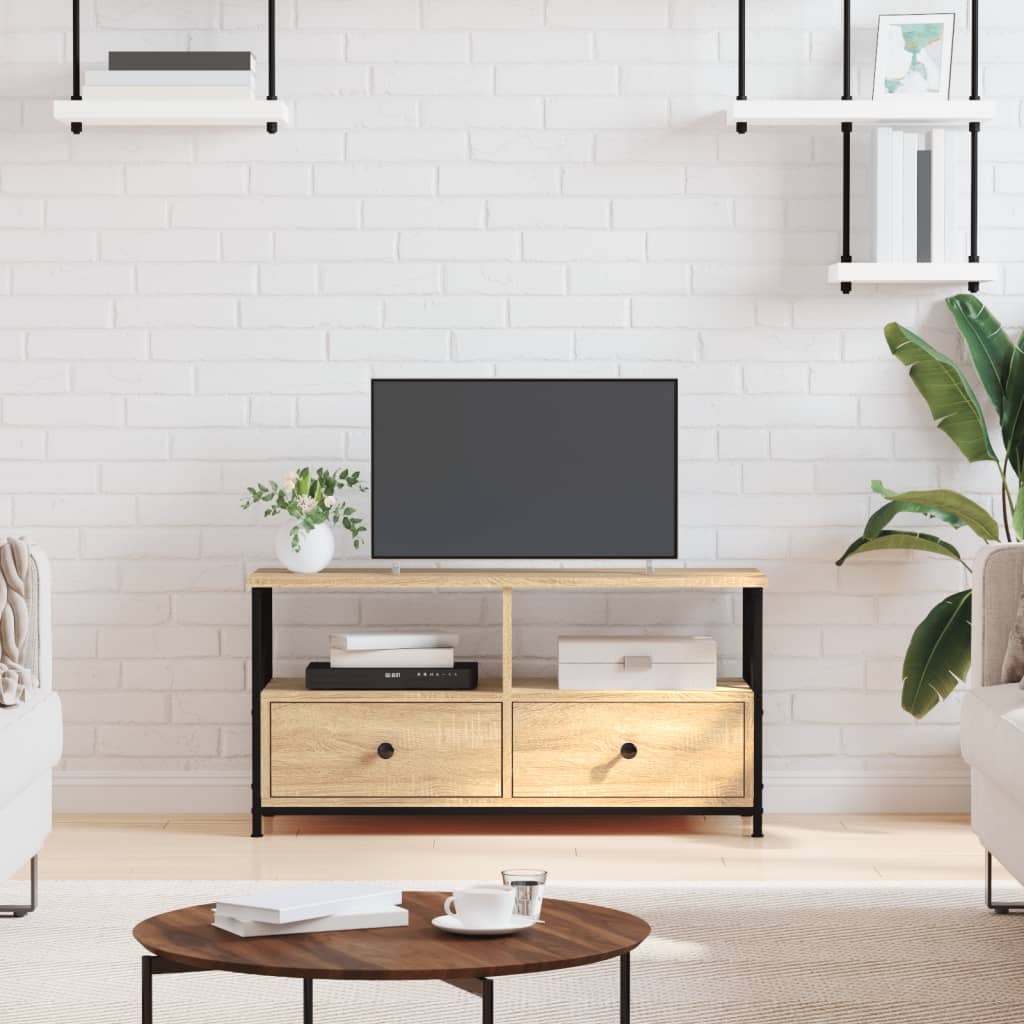 vidaXL TV Cabinet Sonoma Oak Engineered Wood&Iron in a living room with a TV on top