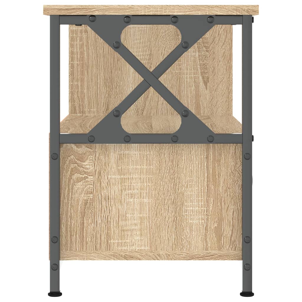 Side view of the TV cabinet, highlighting the metal frame and wood finish