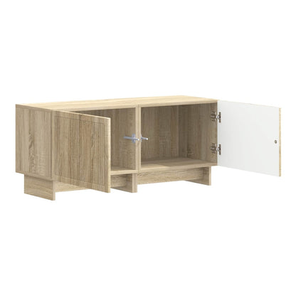 This TV cabinet has two doors that open to reveal storage space inside
