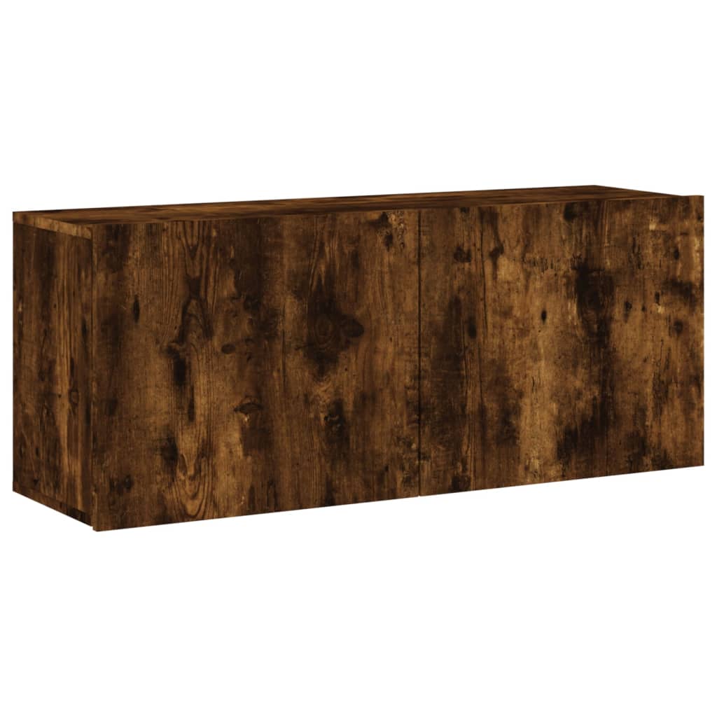 The wall-mounted TV cabinet has a rustic wood grain finish