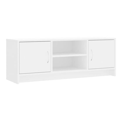 The white engineered wood TV stand with two closed doors and an open shelf