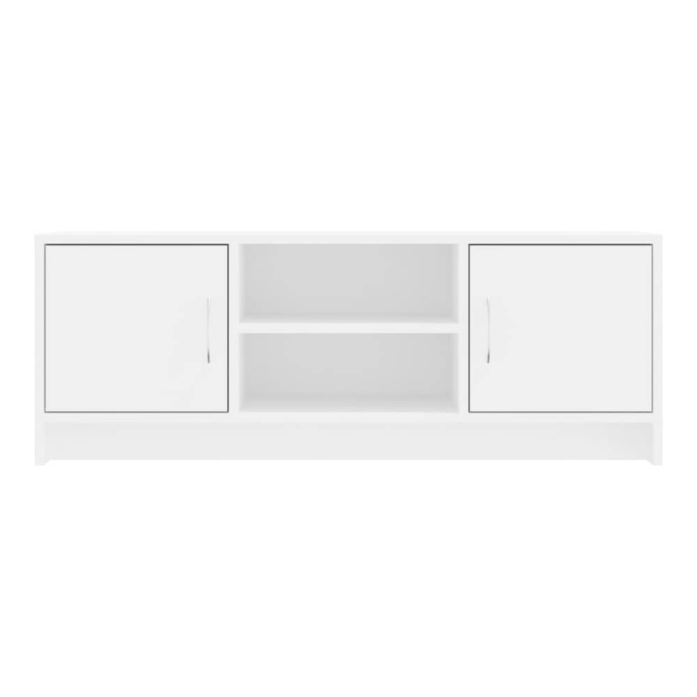 White TV cabinet with two closed doors and a central open shelf
