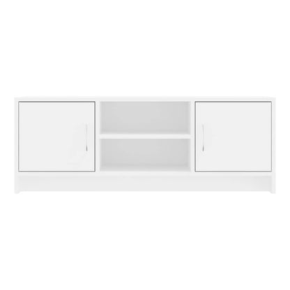 White TV cabinet with two closed doors and a central open shelf