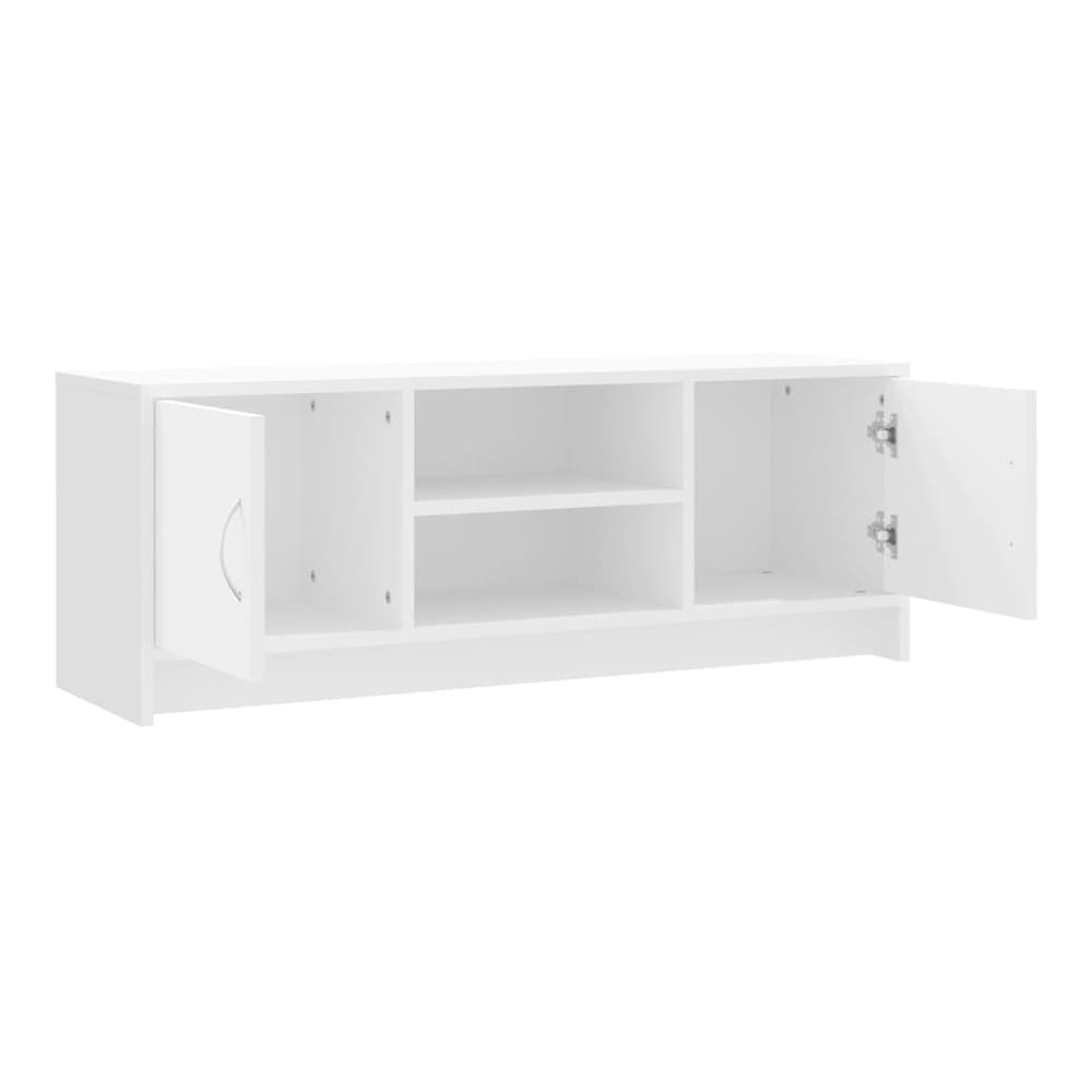 White TV cabinet with both doors open showing storage and shelf
