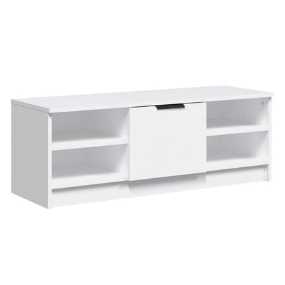 the white engineered wood TV cabinet from the front with doors closed