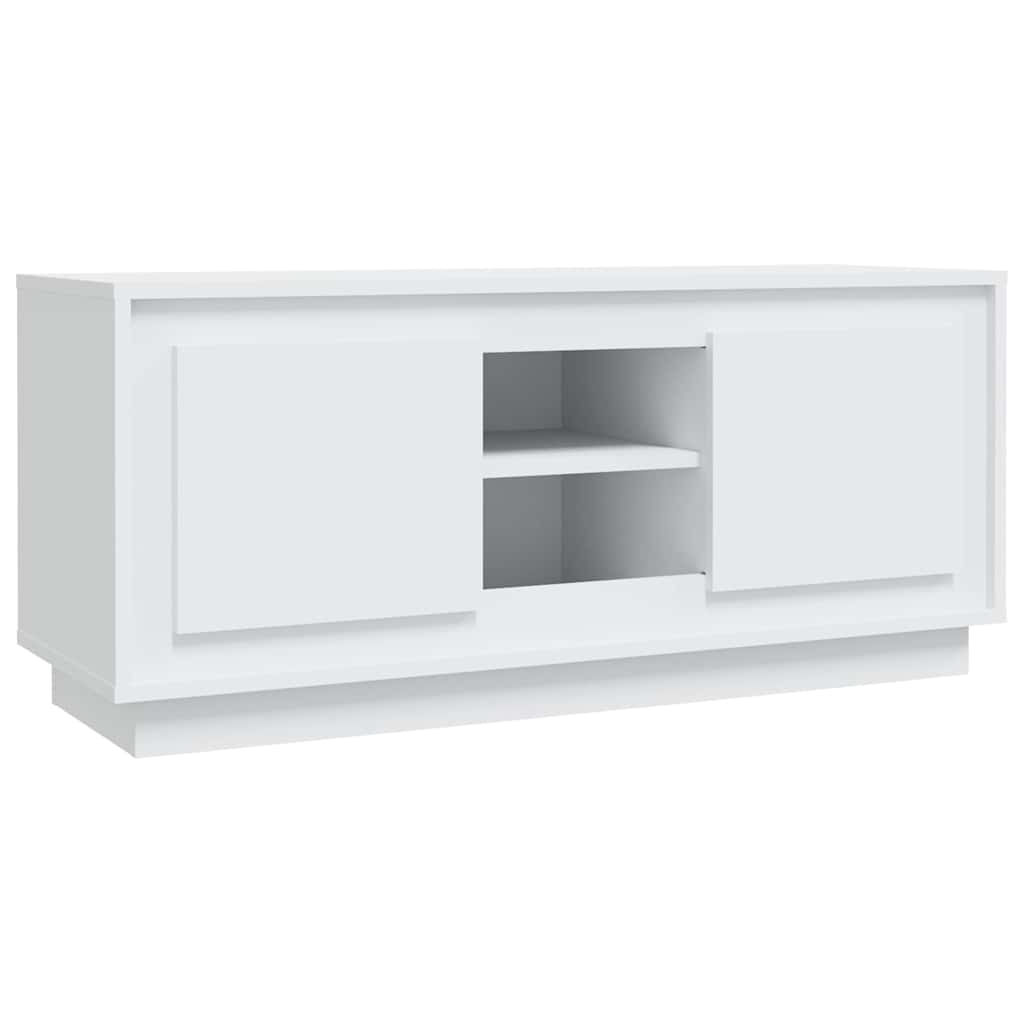 The white engineered wood TV cabinet shown from the front with closed doors