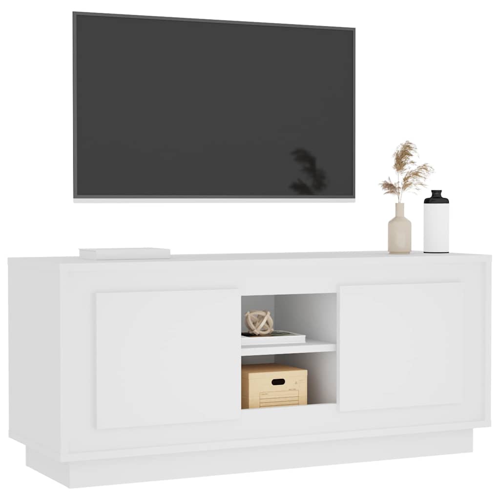 The white engineered wood TV cabinet with sliding doors partially open