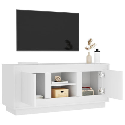 The white engineered wood TV cabinet with one door and one side open