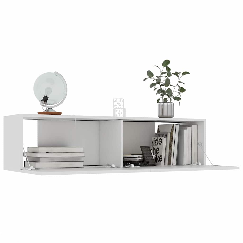 The white engineered wood TV cabinet with doors open showing storage