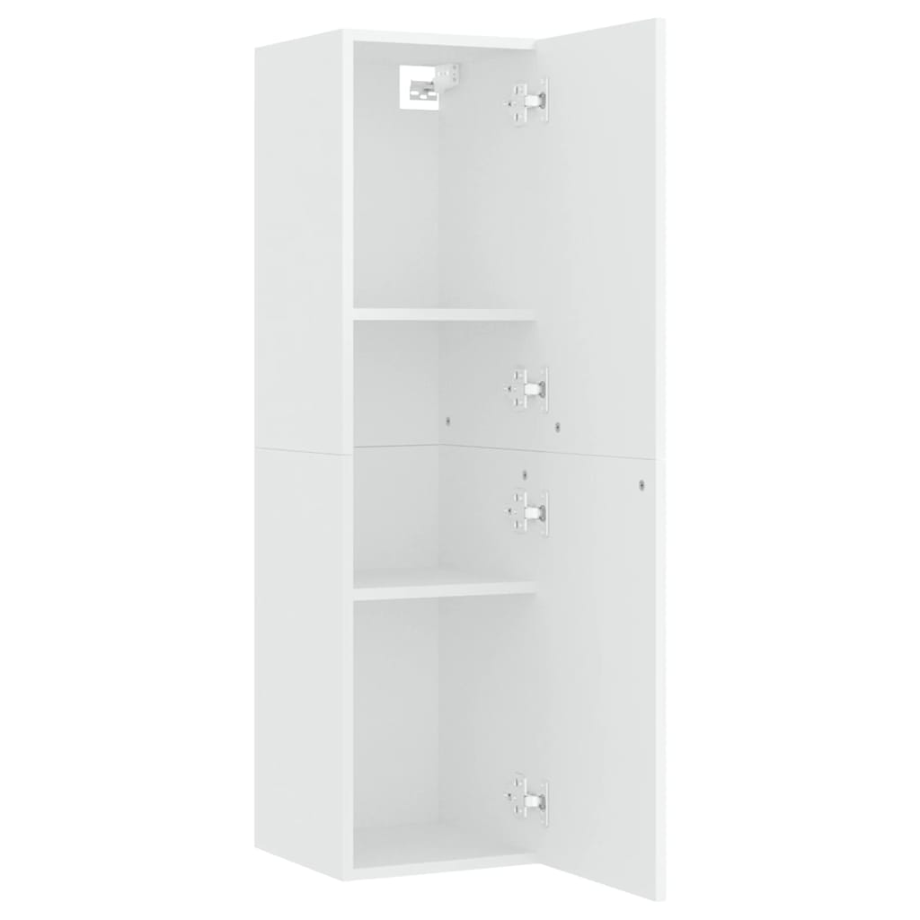 The cabinet with doors open revealing internal shelves and metal hinges