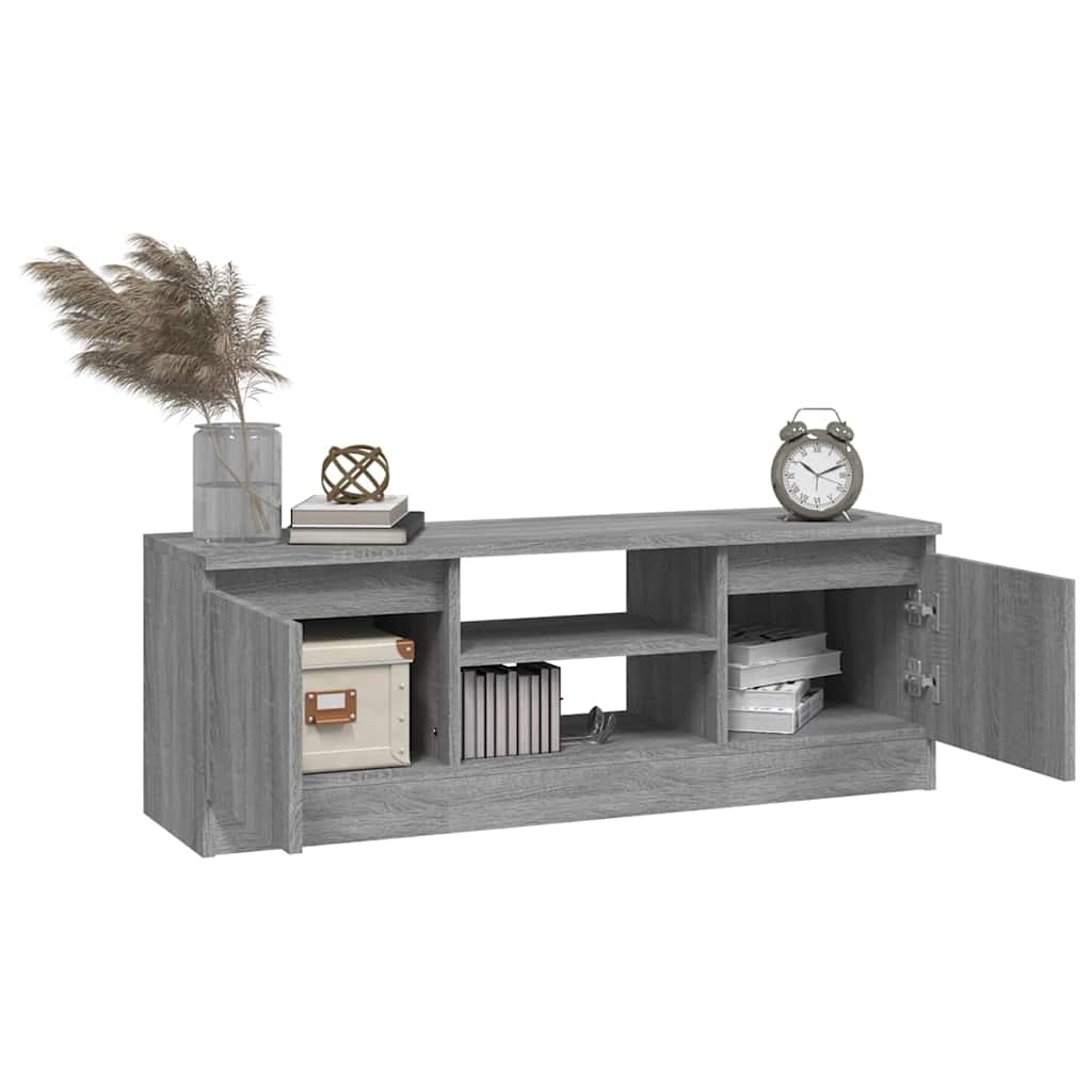 grey sonoma wood effect TV stand with doors and shelves open