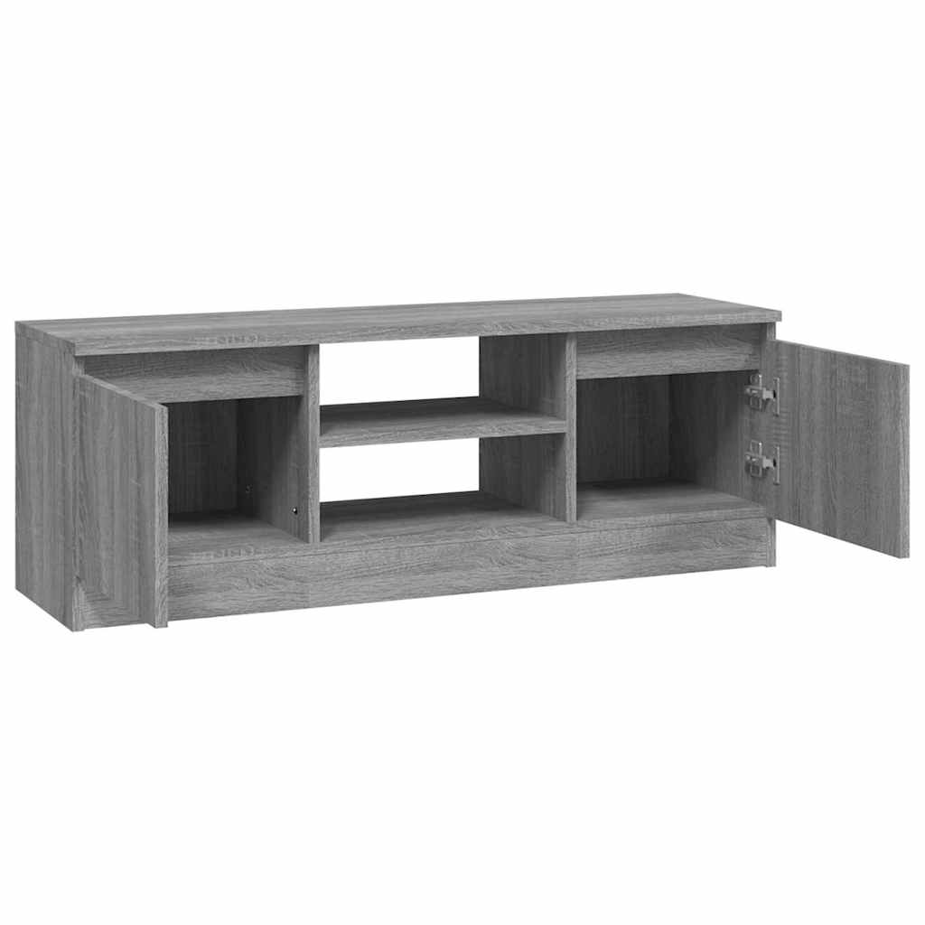 grey sonoma wood effect TV stand with doors and shelves open, showing interior