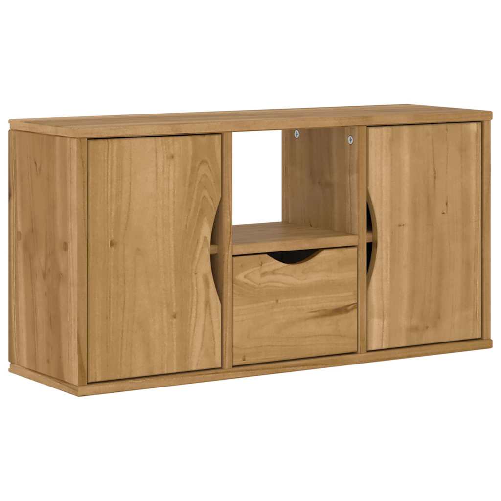 The wooden TV stand with two side doors and a central drawer and shelf