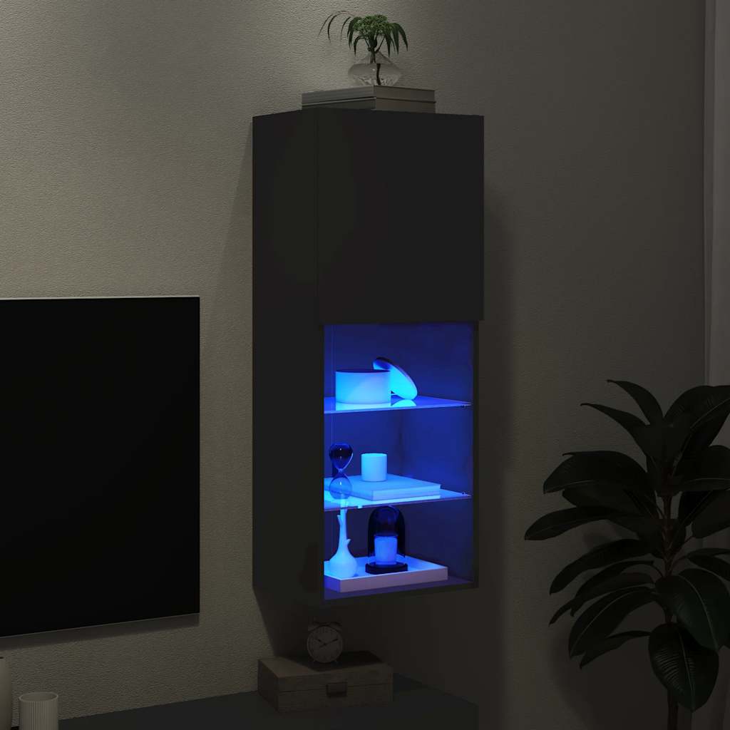the cabinet with blue LED lights illuminating the shelves and contents