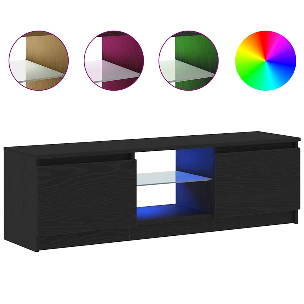 Black oak TV cabinet with LED lights showing different colour options and a remote control