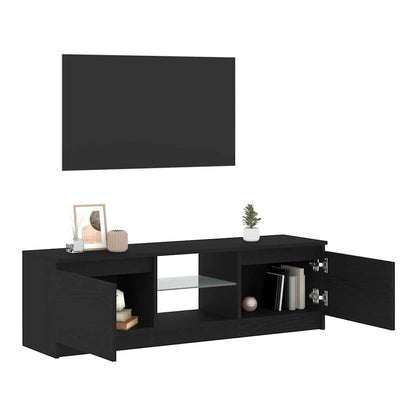 Black oak TV cabinet with LED lights, doors open showing storage shelves and display space