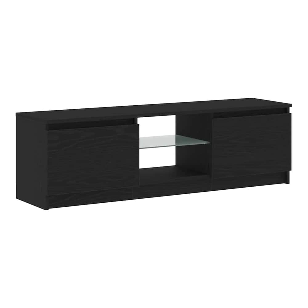 Black oak TV cabinet with LED lights, a sleek entertainment unit with two doors and open shelves