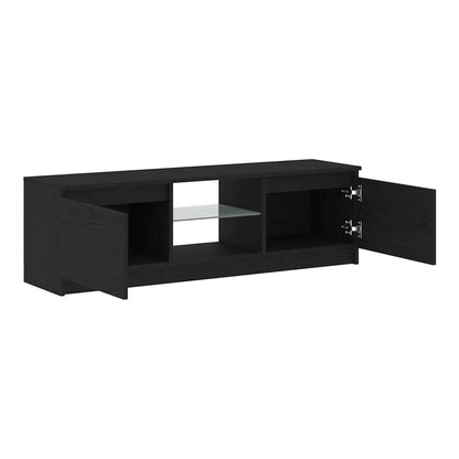 Black oak TV cabinet with LED lights, showing the open compartments and doors
