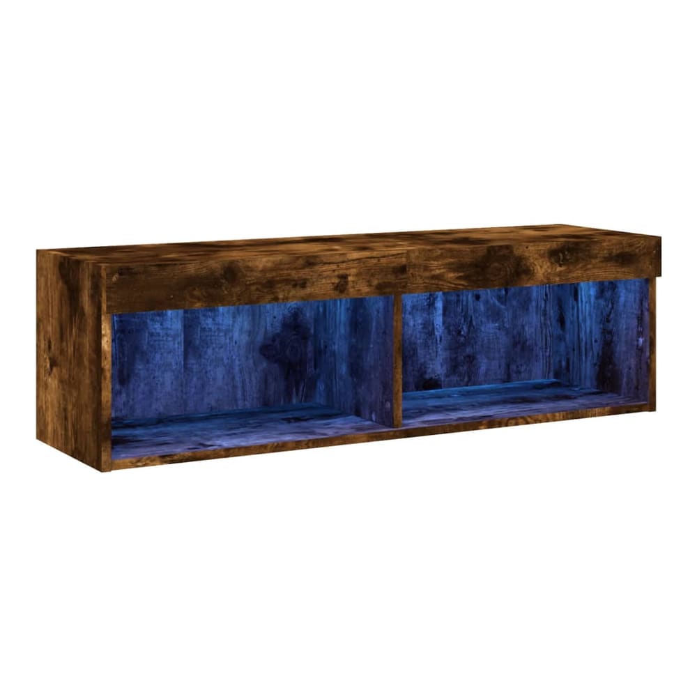 the entertainment unit with blue LED lights illuminating the open shelves