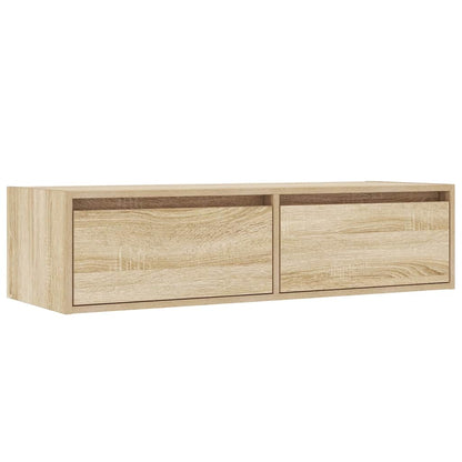 The wall mounted TV cabinet showing its Sonoma oak wood grain finish