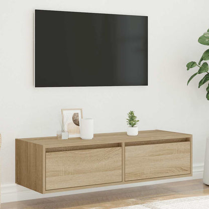 The wall mounted TV cabinet has two drawers and a Sonoma oak finish