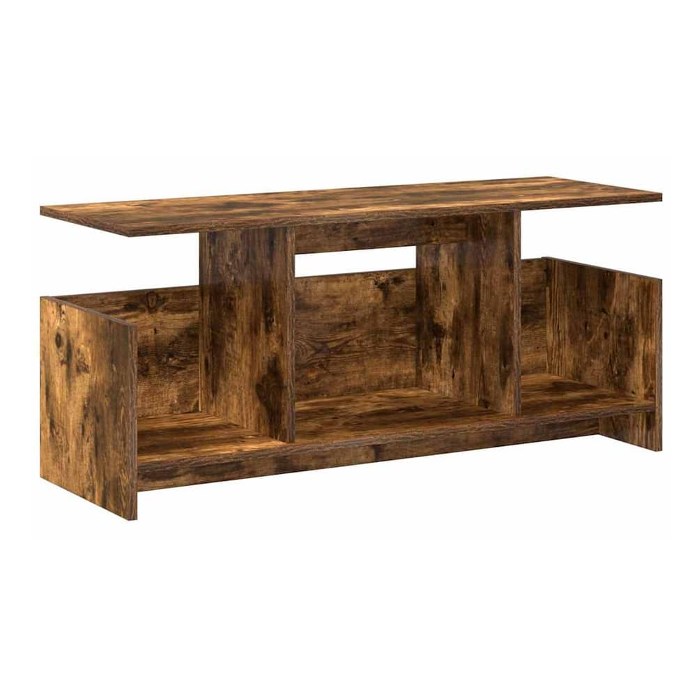 The TV stand from a slightly elevated front angle showing its open compartments