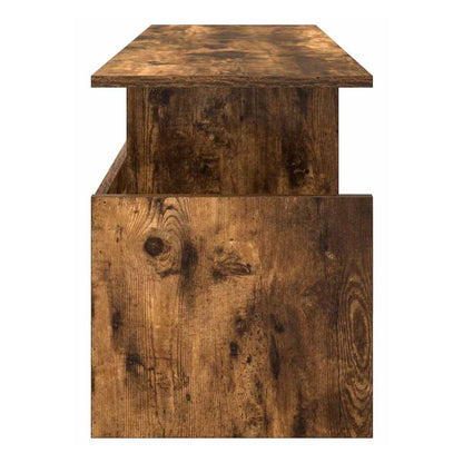 A close-up view of the side of the TV stand showing wood grain detail