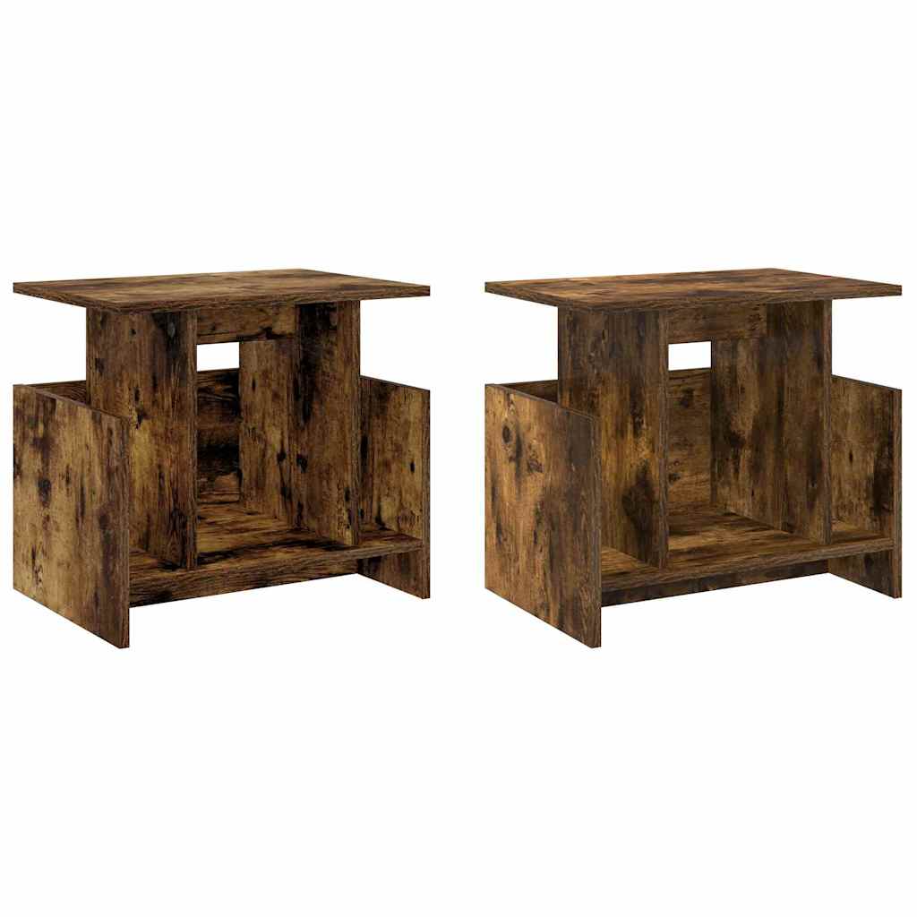 Two smoked oak engineered wood TV stands shown side by side