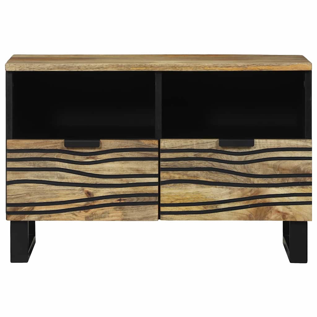 The TV unit from the front with two drawers closed and two open shelves above