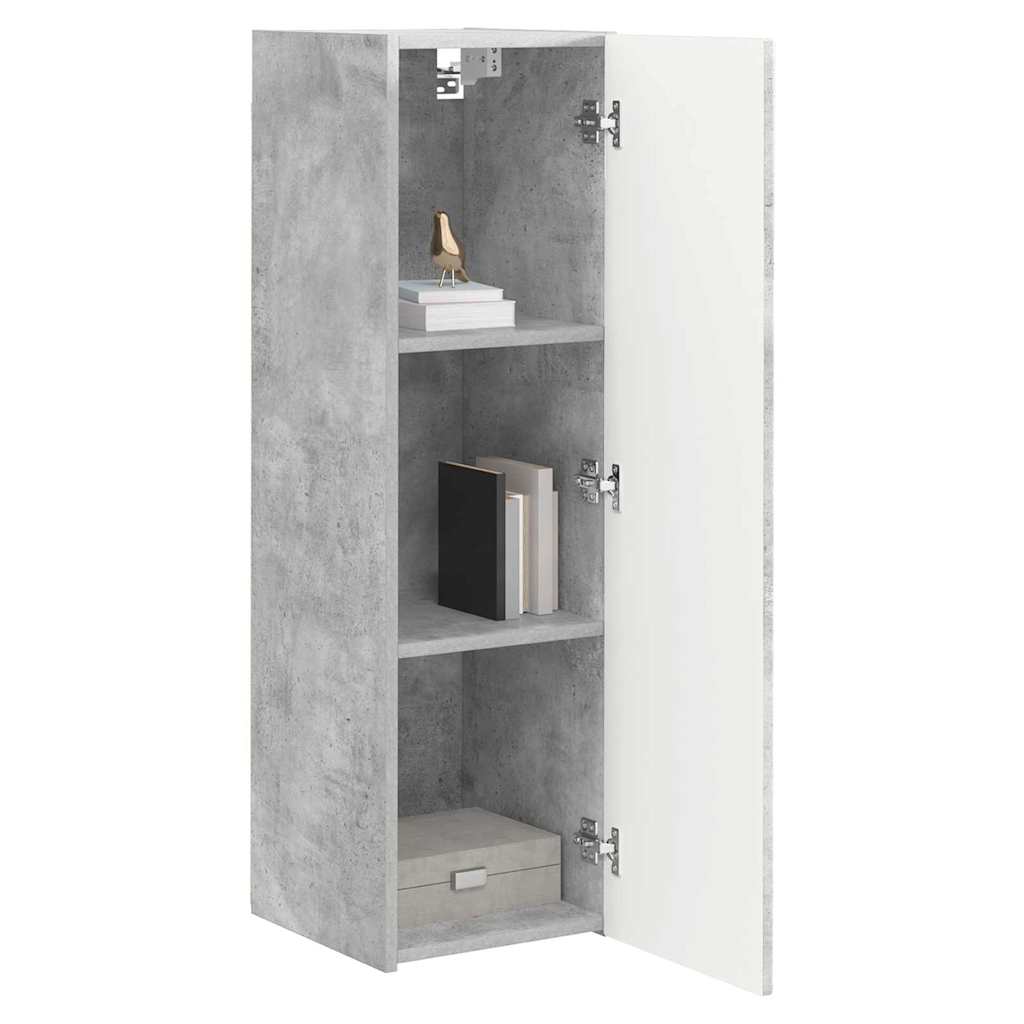 The TV cabinet with its door open, showing three shelves inside